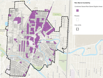  A map of Mount Clemens with properties eligible to receive rain barrels highlighted in purple. The barrels are available on a first-come, first-served basis. An interactive map can be found by visiting mountclemens.gov/rainbarrelprogram. 