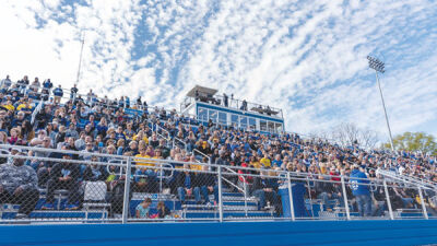  Since its first season in 2018, Lawrence Technological University’s football team has been one of the successful programs to recruit well outside the Michigan area. Pictured is a stand of fans from last season’s homecoming game. 