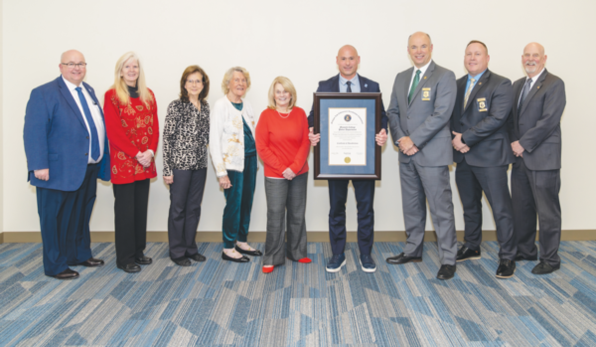  The Macomb Community College Police Department has earned accreditation from the Michigan Law Enforcement Accreditation Commission, a program established by the Michigan Association of Chiefs of Police and the Michigan Sheriffs’ Association. MACP members presented a plaque commemorating the accomplishment to the college’s board of trustees at their meeting on Dec. 18. 