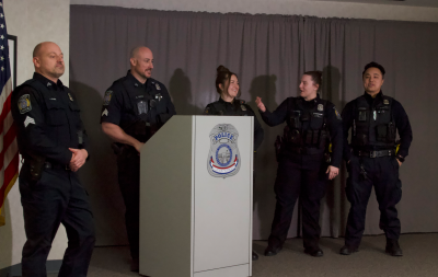  The Clinton Township Police Department’s Platoon C includes Sgt. John Kuehn, Sgt. Ryan Bates, officer Celeste Smith, officer Gabrielle Mason and officer Preston Ku. In this photo, the officers get ready for a Jan. 9 press conference about saving a driver who was sinking into a retention pond.  