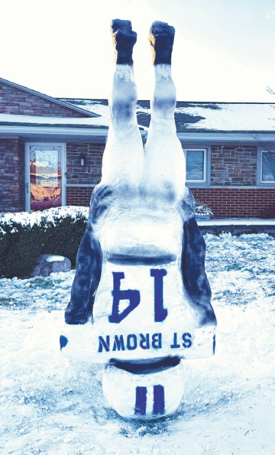  Jamison Agnello, of Harrison Township, created this snow sculpture celebrating the iconic photo of Detroit Lions wide receiver Amon-Ra St. Brown over the course of two hours earlier this month. 