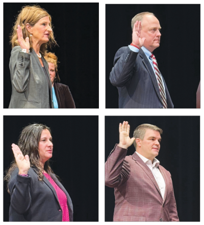  TOP LEFT: Colleen Worden is sworn in for another term on the Grosse Pointe Board of Education by Grosse Pointe Farms Municipal Court Judge Chip Berschback at a Jan. 7 board meeting at Brownell Middle School in Grosse Pointe Farms. She was later elected president of the board for 2025. TOP RIGHT: Timothy Klepp, who was elected in November for a term on the Grosse Pointe Board of Education, receives the oath of office. BOTTOM LEFT: Laura Hull, a teacher, is sworn in for her first term on the Grosse Pointe Board of Education. BOTTOM RIGHT: Clint Derringer is sworn in as a new member of the Grosse Pointe Board of Education. 