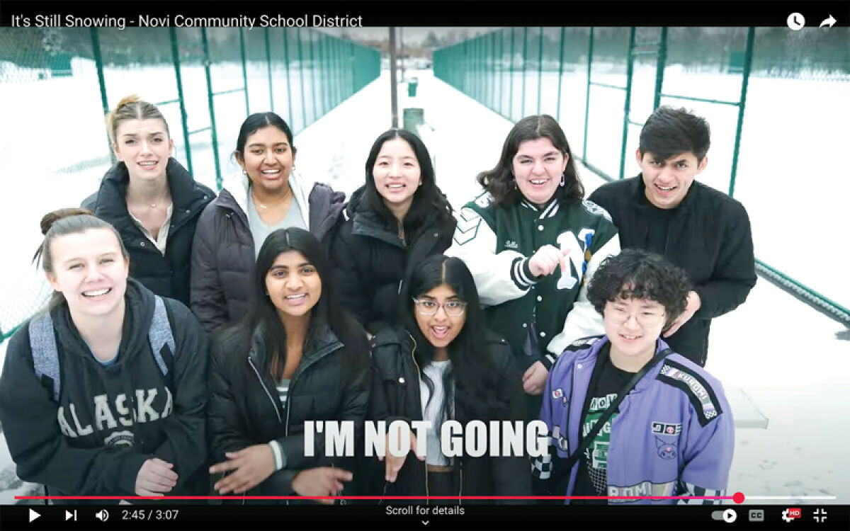  Members of the 2024 Novi High School Choir (back row) Brienna Russ, Rithi Ramamurthy, Hannah Jeong, Bella Houchins and Milan Thurman, and (front row) Madi Coolman, Jaanvi Muchanthla, Nikki Biju and Nico Wang perform in the “It’s Still Snowing” music video. 