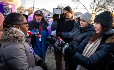  Ashley Elkins' mother Monika Elkins, left, is interviewed by the media at a vigil in memory of her daughter on Saturday, Jan. 25, 2025, in Roseville. 