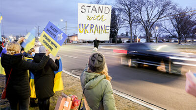  Supporters of Ukraine gathered along Ryan Road, in front of the Ukrainian Cultural Center, on March 4. 