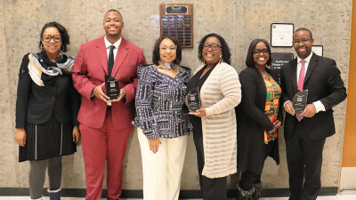  The Oakland County Board of Commissioners celebrated its fourth annual Black Excellence Awards during a board meeting Feb. 11. Pictured, from left, is Oakland County Commissioner Yolanda Smith Charles, Jamar Bray, Oakland County Commissioner Linnie Taylor, Camilla Rice, Oakland County Commissioner Angela Powell, and Dustin McClellan.  